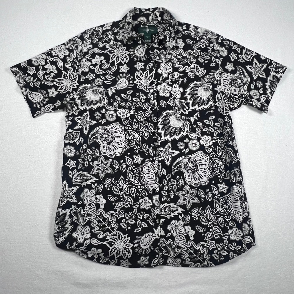 Hunt Club Black White Floral Paisley Button Up Short Sleeve Shirt Size Small